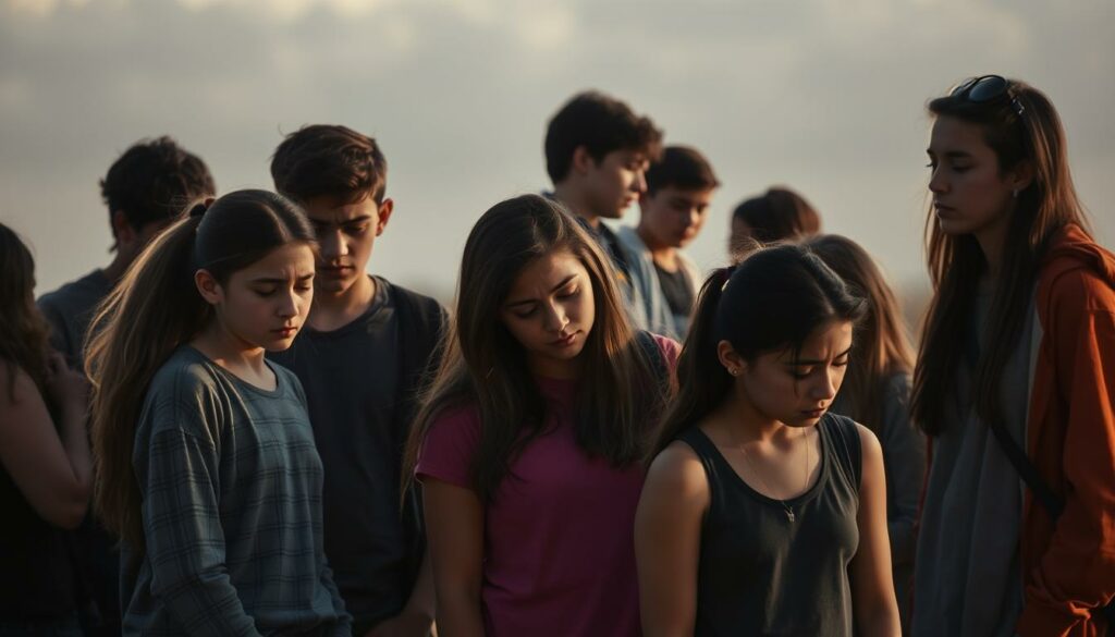 A group of young people navigating the challenges of the end of adolescence. In the foreground, a diverse cast of teenagers face complex emotions - frustration, uncertainty, and self-discovery. Muted lighting casts long shadows, evoking the weight of this transitional period. In the middle ground, the teens interact, supporting and commiserating with one another. The background is hazy, suggesting the blurred boundaries between childhood and adulthood. The scene conveys the introspective, vulnerable nature of this pivotal stage of life, as the subjects grapple with the demands of growing up.