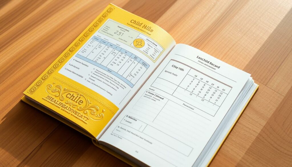 A meticulously designed yellow child health record book, its cover embossed with intricate details, sits atop a wooden surface illuminated by soft, natural lighting. The pages within reveal charts, diagrams, and spaces for documenting the developmental milestones of a growing child, creating a sense of care and documentation. The overall composition conveys the importance of this record as a tool for monitoring and understanding a child's health and growth, aligning with the section title "Das gelbe Kinderuntersuchungsheft: Dokumentation und weitere U-Untersuchungen".