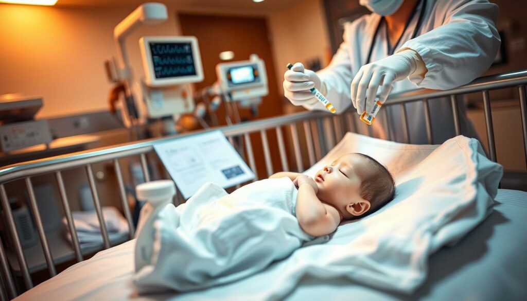A newborn baby lying peacefully in a hospital crib, surrounded by medical equipment and attentive healthcare providers. The scene is bathed in warm, soft lighting, conveying a sense of care and attention. In the foreground, a doctor is administering vitamin supplements to the infant, ensuring proper nutrition and preventative care. The middle ground features medical charts and monitoring devices, indicating the comprehensive well-being assessment. The background showcases a modern, clean hospital environment, instilling a feeling of trust and professionalism. The overall atmosphere is one of safety, comfort, and the dedicated provision of essential neonatal care.