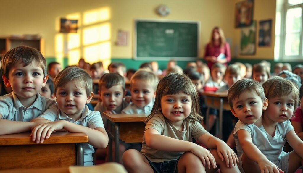 A school classroom filled with young children, some sitting at desks, others playing on the floor. Bright, warm lighting illuminates the scene, casting a cheerful glow. The children's faces show a mix of curiosity and slight discomfort, as they experience the symptoms of scarlet fever - flushed cheeks, sore throats, and red rashes. In the background, a concerned teacher observes, ready to provide care and guidance. The composition captures the challenges of managing scarlet fever outbreaks in communal settings, conveying the importance of early recognition and appropriate treatment to ensure the well-being of the young patients.