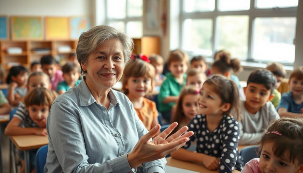 A school classroom filled with young students, their faces alight with curiosity and wonder. In the foreground, a kind-faced teacher engages the class, gesturing expressively as they lead a discussion. The mid-ground is a colorful tapestry of desks, chairs, and educational materials, conveying a sense of learning and intellectual growth. In the background, large windows allow natural light to flood the room, creating a warm, inviting atmosphere. The lighting is soft and diffused, creating gentle shadows and highlights that accentuate the tender interactions between the teacher and students. The overall mood is one of nurturing guidance and supportive learning, reflecting the social changes and challenges faced by children in this crucial developmental stage.