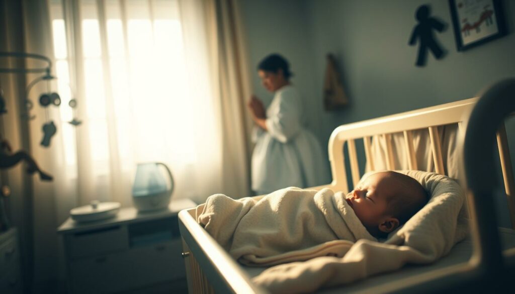 A serene nursery scene, dimly lit with a warm, soft glow. In the foreground, a sleeping infant rests peacefully in a crib, swaddled in a cozy blanket. The middle ground features various infant care items, such as a mobile, pacifier, and a humidifier, all casting gentle shadows. In the background, a silhouetted figure of a parent watching over the child, conveying a sense of vigilance and concern. The atmosphere is one of tranquility, but an underlying tension, as the prompt explores the risk factors for sudden infant death syndrome.