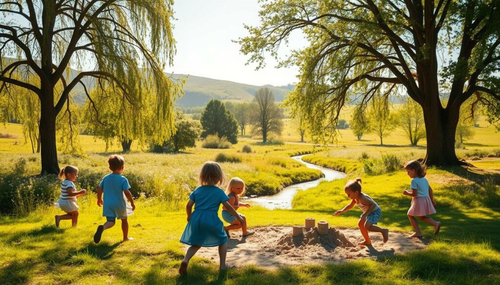 A serene outdoor scene of children playing freely in a natural environment. In the foreground, a group of young children aged 3-8 are engaged in imaginative play, building sandcastles, chasing each other, and exploring their surroundings. The middle ground features a lush, verdant landscape with towering trees, wildflowers, and a meandering stream. Soft, diffused sunlight filters through the leaves, casting a warm, golden glow over the idyllic setting. In the background, rolling hills and a clear blue sky create a sense of depth and tranquility. The overall mood is one of joy, wonder, and unbridled childlike exploration, capturing the essence of a child's innate need for individualized, age-appropriate experiences.