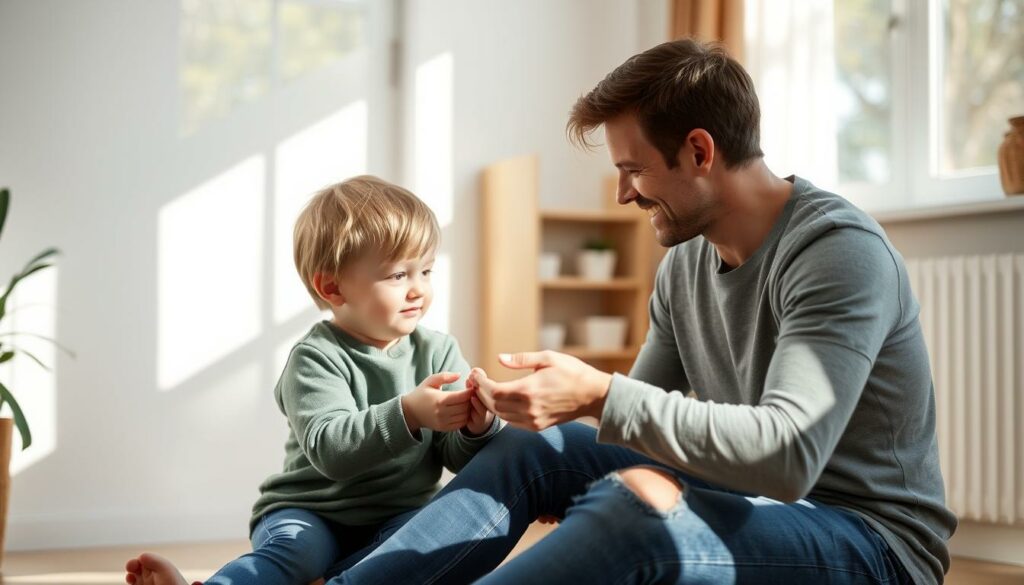 A serene, sun-dappled room where a parent and child sit together, engaged in a thoughtful discussion. The child, with a look of attentive concentration, is being handed a simple task or responsibility by the parent, who gazes upon them with a warm, encouraging expression. The room is filled with natural light, casting soft shadows and highlighting the connection between the two figures. The overall mood is one of trust, empowerment, and the fostering of a child's growing independence. The scene captures the essence of "Kinder Verantwortung" - the transfer of responsibility and the promotion of self-reliance.