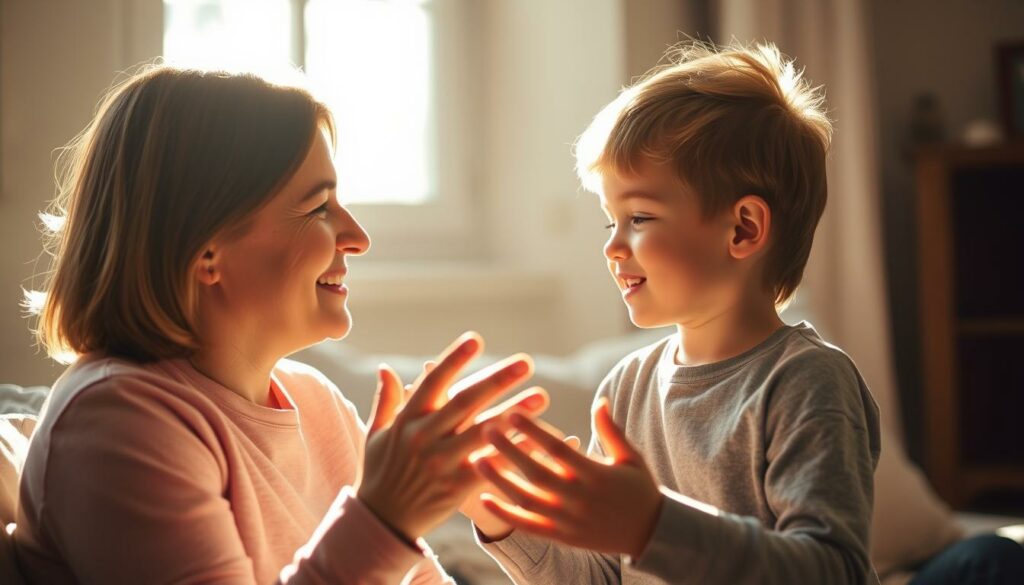 A serene, sun-dappled scene of a parent and child engaged in thoughtful conversation. The parent, their face radiating empathy and understanding, leans in to listen intently as the child gestures animatedly, their expression open and trusting. Warm, soft lighting filters through a window, casting a gentle glow on the pair. The background is blurred, keeping the focus on their intimate exchange, as they work to uncover the root causes behind the child's behavior. An atmosphere of patience, connection, and a shared desire to understand pervades the image.