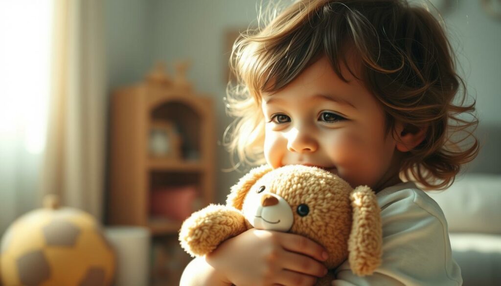 A serene, sun-dappled scene of a young child tenderly embracing a stuffed toy, their face alight with pure, innocent love. The foreground features the child, their features softened and their gaze radiating warmth and affection as they cradle the plush companion. The middle ground showcases a cozy, home-like interior with muted pastel tones, evoking a sense of comfort and security. The background subtly blurs, drawing the viewer's focus to the heartwarming connection between the child and their beloved toy. Soft, diffused lighting casts a gentle glow, enhancing the intimate, endearing atmosphere. The overall mood is one of genuine, unguarded childlike love and contentment.