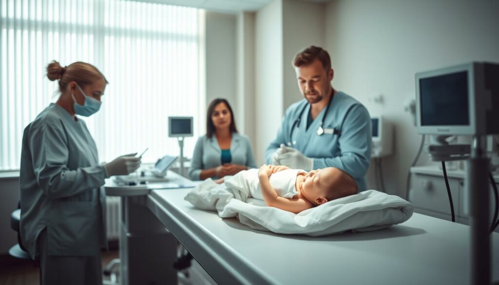 A serene, well-lit hospital room with soft natural lighting streaming through large windows. In the foreground, a newborn baby lies peacefully on an examination table, surrounded by attentive medical professionals conducting thorough checks and tests. Subtle medical equipment and diagnostic tools are visible, suggesting a comprehensive evaluation. The middle ground features a concerned but calm parent watching closely, their expression conveying the importance of this crucial early checkup. The background depicts a soothing, sterile environment with muted colors, emphasizing the care and attention given to this pivotal stage of a child's development.