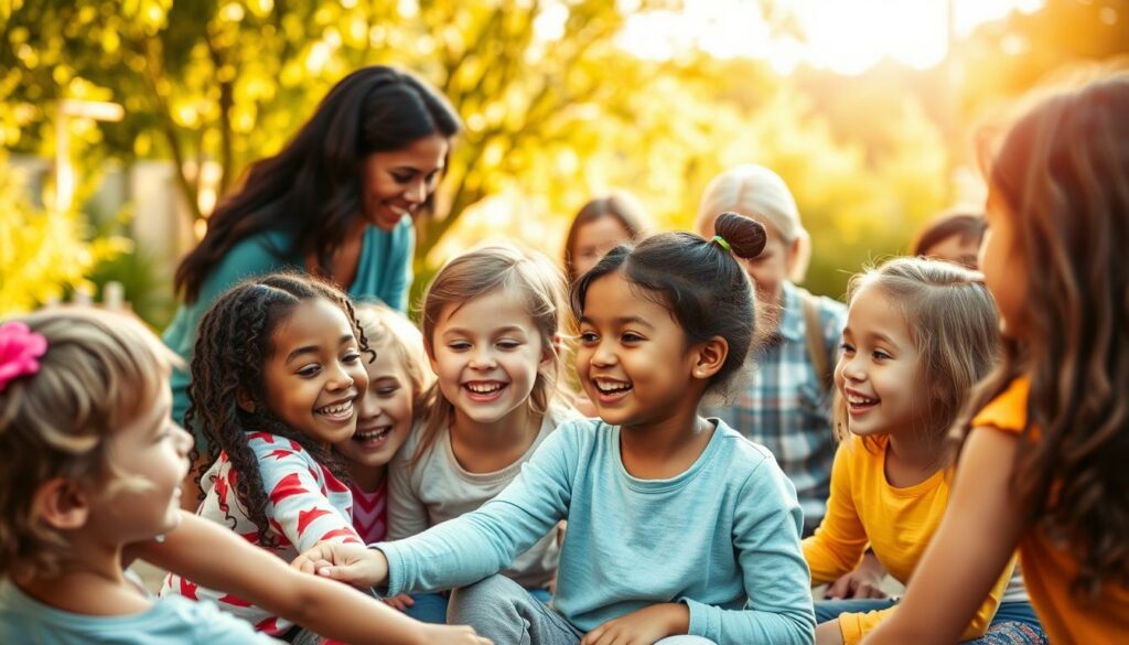 A vibrant and welcoming scene of children engaging in meaningful social interactions and cultivating healthy relationships. The foreground depicts a diverse group of kids playing cooperatively, their faces beaming with joy as they share laughter and companionship. In the middle ground, parents and caregivers are seen guiding and supporting the children, fostering a nurturing environment. The background showcases a warm, sun-dappled outdoor setting, with lush greenery and a sense of natural harmony, symbolizing the importance of connection with nature for a healthy lifestyle. The lighting is soft and natural, creating a calming and inviting atmosphere. The composition is balanced and dynamic, capturing the essence of "gesund leben" – living a healthy, socially enriched life.