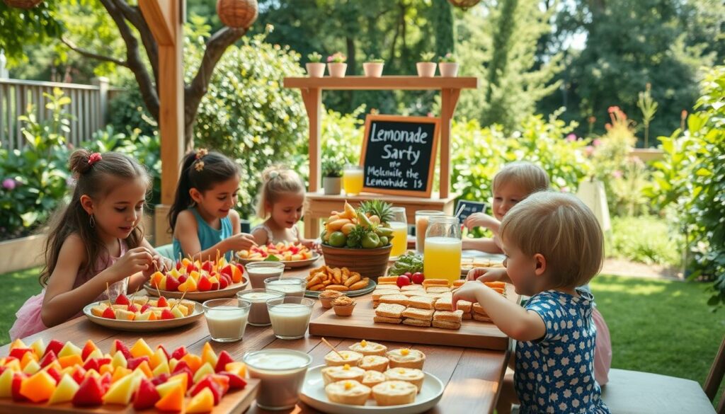 A vibrant garden party in full swing, with a large wooden table laden with an array of delectable homemade treats and refreshing beverages. In the foreground, children happily explore a variety of colorful, healthy snacks - fresh fruit skewers, veggie cups with creamy dips, and miniature sandwiches. In the middle ground, a lemonade stand with a whimsical chalkboard sign invites guests to quench their thirst. The background features a lush, verdant garden backdrop, with sunlight filtering through the trees and casting a warm, natural glow over the scene. The overall atmosphere is one of joy, nourishment, and a celebration of the simple pleasures of childhood.