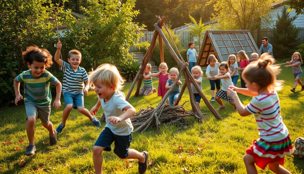 A vibrant outdoor scene of children engaged in a variety of fun and active games in a lush garden. In the foreground, a group of kids are playing a spirited game of tag, their laughter filling the air. In the middle ground, a pair of children are constructing an elaborate fort out of sticks and leaves, their faces alight with concentration. In the background, a cluster of youngsters are engaged in a friendly game of tug-of-war, their little bodies straining against the rope. The scene is bathed in warm, golden sunlight, casting a gentle glow over the entire tableau. The mood is one of pure, unbridled joy and adventure, perfectly capturing the spirit of carefree play in a natural setting.