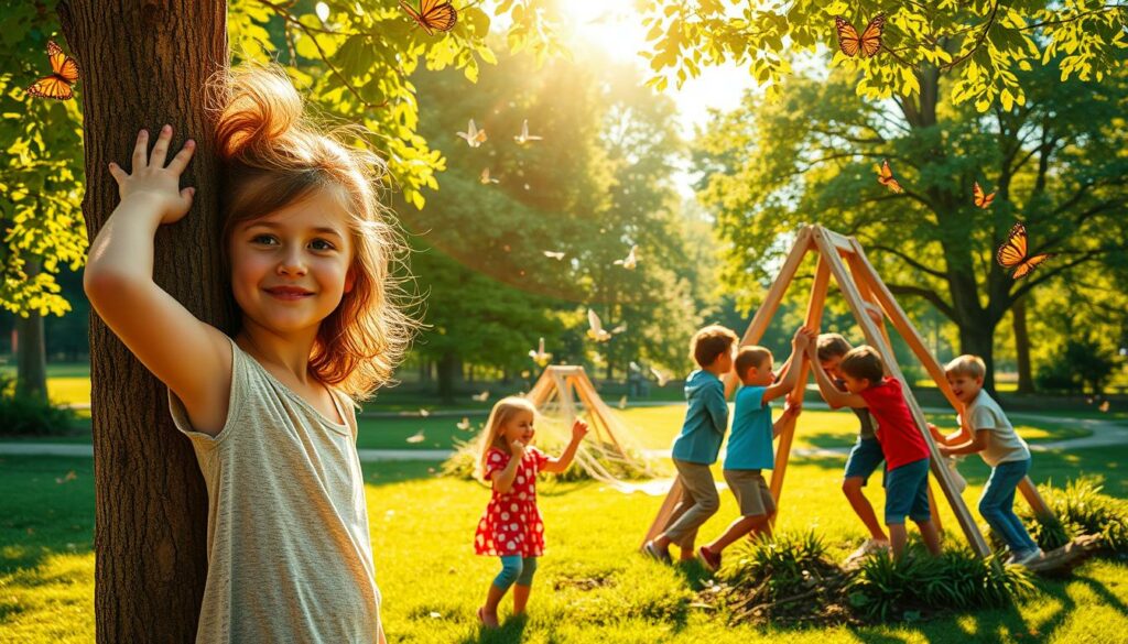 A vibrant, sun-dappled scene of children playing and exploring, illustrating resilience and inner strength. In the foreground, a young girl confidently climbs a tree, her face alight with determination. In the middle ground, a group of boys work together to build a fort, their laughter and camaraderie palpable. The background depicts a lush, verdant park, with butterflies fluttering and birds singing, creating a sense of safety and wonder. The lighting is warm and golden, casting a hopeful glow over the entire scene. The composition is dynamic, with the children's movements and expressions conveying a sense of growth, adaptability, and the ability to overcome challenges. This image embodies the resilience of children, their capacity to thrive even in the face of adversity.