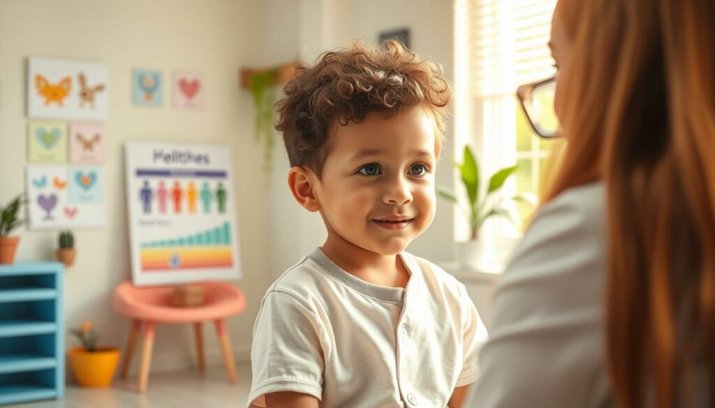 A warm, bright scene depicting preventive healthcare for children. In the foreground, a young child receiving a checkup from a kind, attentive doctor. The child's expression is relaxed and trusting. In the middle ground, a colorful chart showing key health milestones and growth charts. The background features a calming, pastel-toned doctor's office, with friendly wall art and plants. Soft, natural lighting illuminates the scene, conveying a sense of care and wellbeing. The overall mood is reassuring and educational, reflecting the importance of proactive, preventive healthcare for children's healthy development.