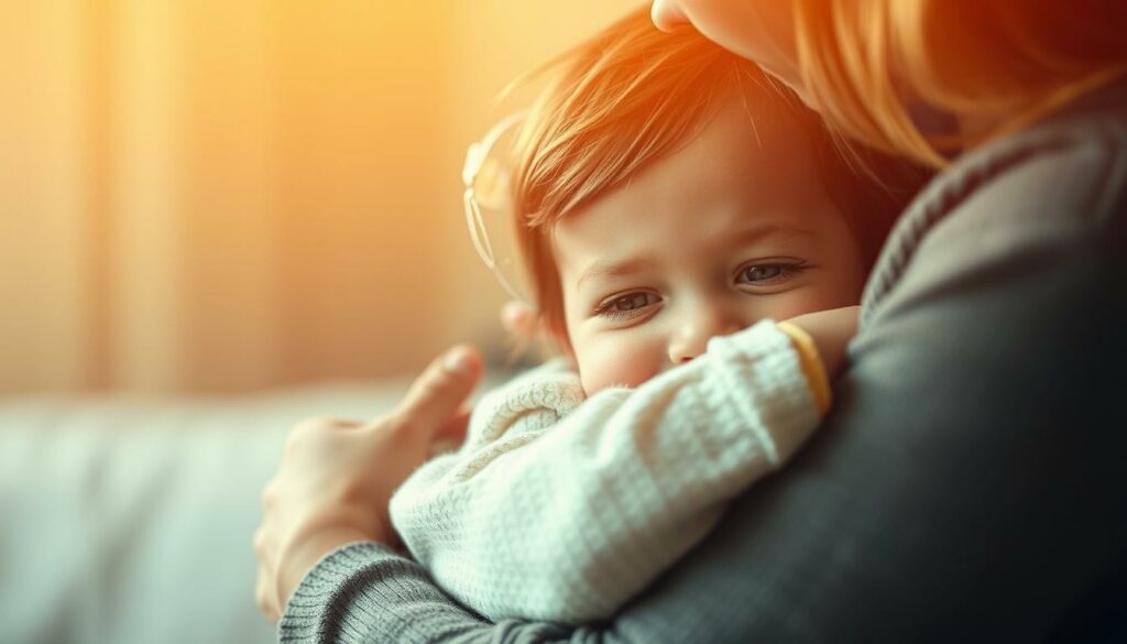 A warm, cozy scene of a mother and child sharing a tender embrace. The child's face is filled with pure, innocent love as they nuzzle into their parent's comforting embrace. Soft, diffused lighting creates a glowing, intimate atmosphere, drawing the viewer into the heartfelt moment. The background is blurred, keeping the focus on the intimate connection between the two figures. Gentle, brushstroke-like textures add an artistic, dreamlike quality to the image. The overall mood is one of pure, unconditional love and affection between a parent and child.