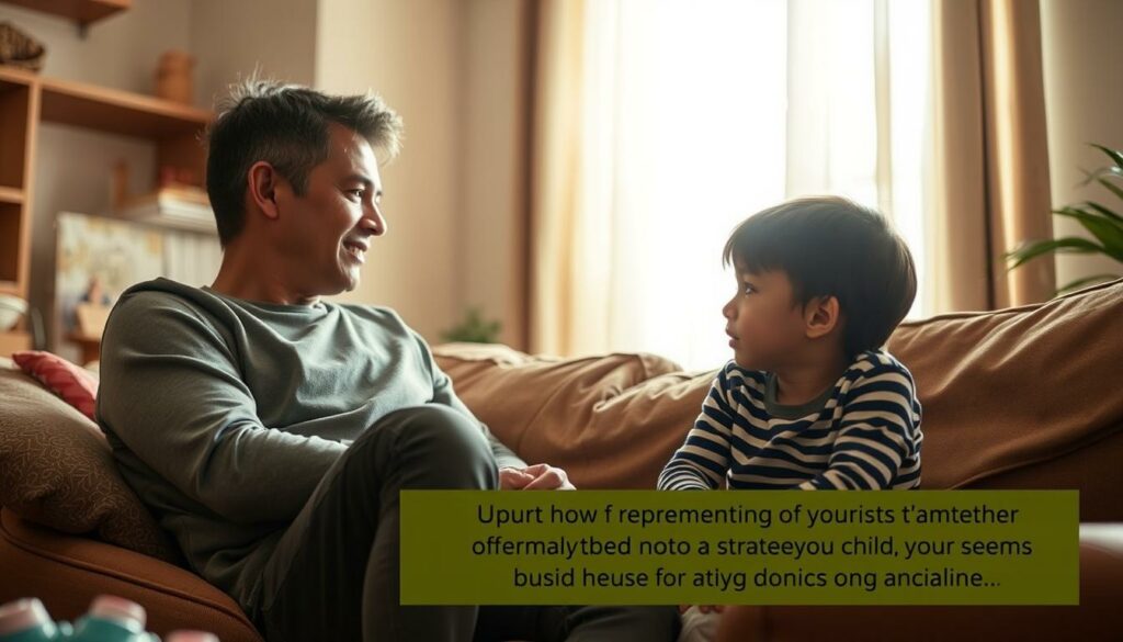 A warm, inviting living room scene with a parent and child engaged in calm, thoughtful conversation. The parent, seated comfortably on a couch, leans in attentively, making eye contact with the child who sits nearby. Soft, diffused lighting from a nearby window casts a gentle glow, creating an atmosphere of intimacy and understanding. The child's expression is one of engaged focus, suggesting an open and receptive dialogue. Subtle details in the room, such as scattered toys or books, reinforce the domestic, family-oriented setting. The overall mood conveys the importance of effective communication strategies when a child may seem unresponsive.