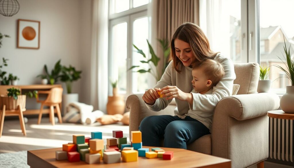A warm, inviting living room scene with a parent and child enjoying quality time together. The parent sits on a plush armchair, gently guiding the child's hands as they play with colorful wooden blocks on a low table. Soft, natural lighting filters in through large windows, casting a gentle glow over the serene moment. The child's face is filled with wonder and curiosity, mirrored by the parent's attentive and loving expression. The room is decorated with earthy tones, plants, and minimal, Scandinavian-inspired furnishings, creating a calming, nurturing atmosphere conducive to positive discipline and bonding.