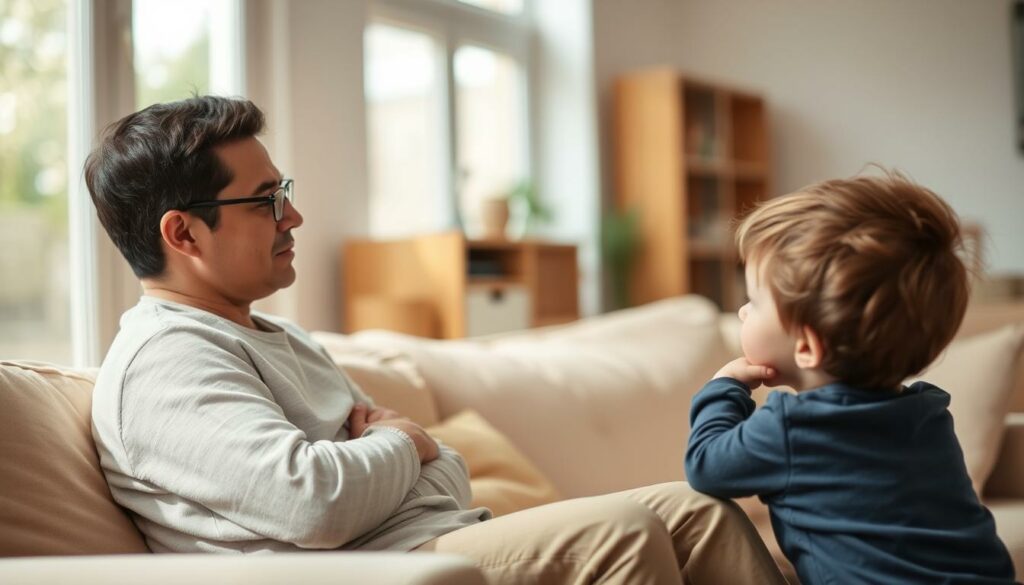 A warm, inviting living room scene. In the foreground, a parent sits calmly on a plush sofa, their body language radiating patience and understanding as they engage with a child. The child, perhaps slightly frustrated, listens intently, their face reflecting a mix of emotions. Soft, natural lighting filters in through large windows, creating a soothing atmosphere. The background is gently blurred, suggesting a cozy, domestic setting. The overall mood conveys a sense of respectful boundary-setting, where the parent guides the child with a balanced approach of firmness and empathy.