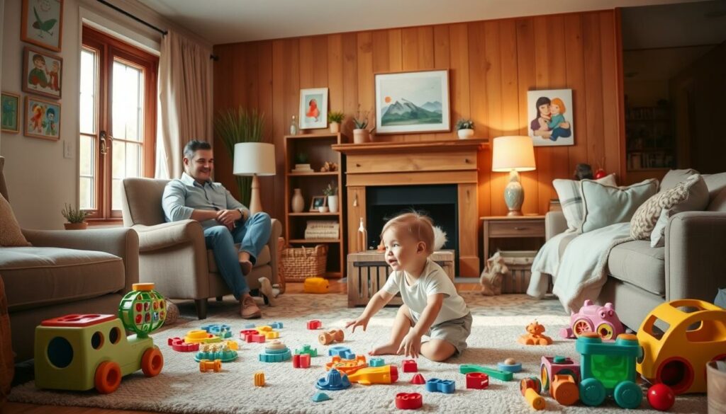 A warm, inviting living room with soft lighting and plush furnishings. In the foreground, a young child plays freely on the floor, surrounded by an array of toys that encourage exploration and creativity. The parent observes from a comfortable armchair, exuding a calm, nurturing presence, ready to guide and support the child's natural curiosity and self-expression. The walls are adorned with colorful artwork, reflecting the family's relaxed, accepting atmosphere. Warm wooden accents and natural elements create a cozy, harmonious environment that fosters a sense of security and emotional availability, exemplifying the permissive parenting approach.