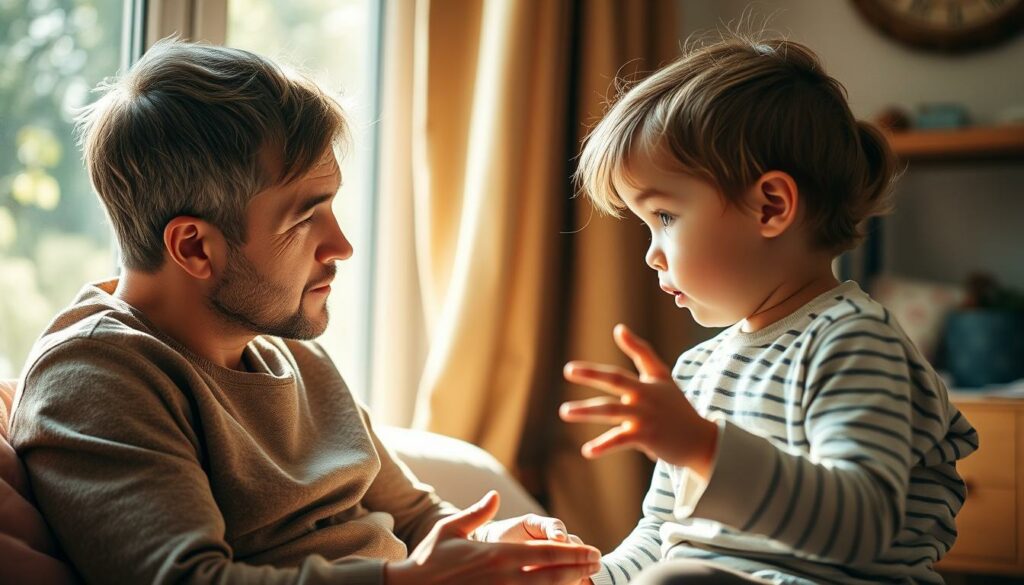 A warm, inviting scene of a parent and child engaged in thoughtful discussion. The parent, seated comfortably, leans in with a gentle, attentive expression, ready to listen and respond to the child's curious questions. The child, eyes wide with wonder, gestures animatedly, captivated by the exchange. Soft, natural lighting filters through a window, casting a serene glow. The background is softly blurred, drawing the viewer's focus to the intimate, nurturing moment. Earthy tones and textures create a sense of grounded, homely comfort. An atmosphere of mutual understanding and curiosity pervades the scene, reflecting the spirit of "Kinderfragen beantworten."