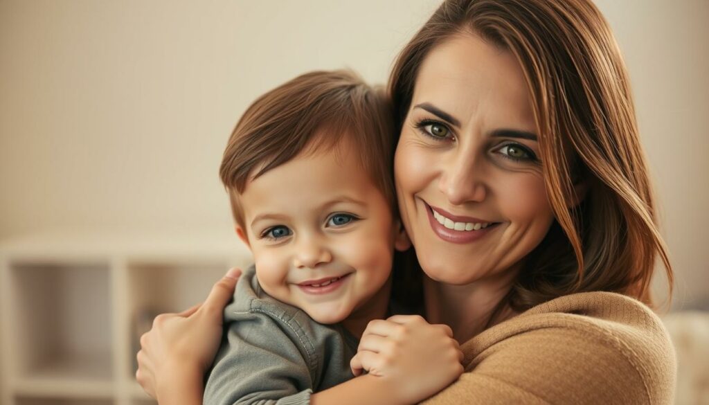 A warm, soft-lit portrait of a mother and child embracing, their expressions radiating love and connection. The mother's gaze is tender, her arms wrapped protectively around her child, who leans into her with a content, trusting expression. The background is blurred, creating a sense of intimacy and focus on their bond. Subtle details like the mother's gentle smile and the child's small hands clasping the mother's shirt convey the depth of their relationship. The lighting is subtle and flattering, highlighting the gentle curves and contours of their forms. An image that captures the beauty and strength of a healthy, nurturing mother-child dynamic.