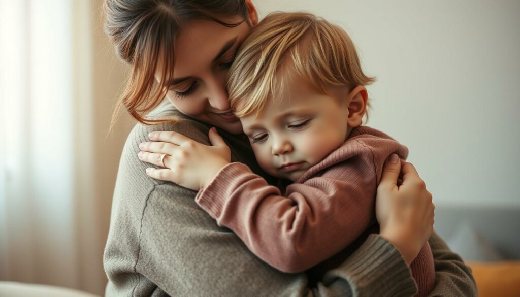 A warm, tender scene of a mother gently embracing her child, their bodies intertwined in a soft, calming hug. The mother's soothing expression conveys empathy and attunement as she helps the child regulate their emotions. Muted, earthy tones create an intimate, nurturing atmosphere, while soft, diffused lighting casts a gentle glow. The background is blurred, placing the focus entirely on the mother-child connection. Captured with a shallow depth of field and a slightly low camera angle to convey the child's perspective, evoking a sense of security and comfort.