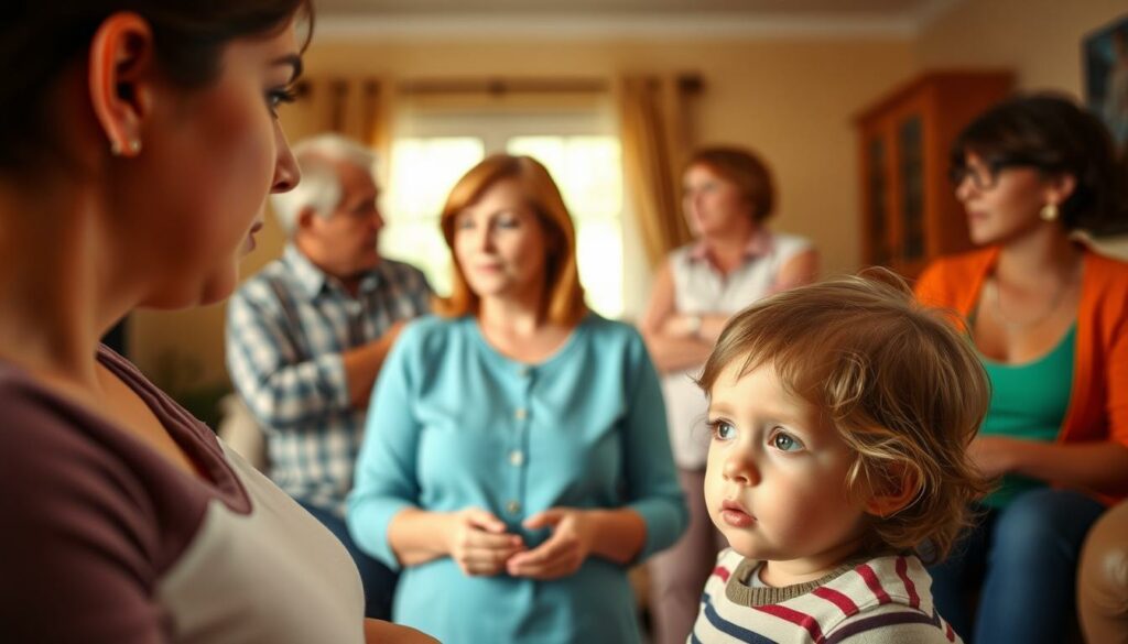 A warm, well-lit scene depicting a group of people engaged in conversation, conveying a sense of social interaction and awareness around the topic of pertussis (whooping cough) exposure. The foreground features a mother and child, the child's concerned expression suggesting a recent contact with someone who has the illness. In the middle ground, a small group of adults discuss the situation, their body language suggesting an earnest, informative discussion. The background showcases a comforting, domestic setting, perhaps a living room or kitchen, to reinforce the relatable, everyday nature of the scenario. The overall mood is one of caution, care, and community response to a health concern.
