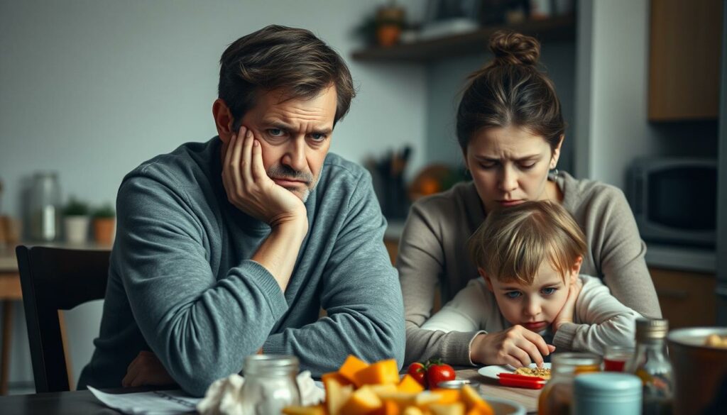 A weary-looking couple, the parents' faces etched with frustration, their body language conveying the strain of dealing with a child's incessant demands. Soft, muted lighting casts a pensive mood, as if capturing a moment of respite amidst the chaos. The parents are seated at a kitchen table, surrounded by the familiar objects of a lived-in home, creating a sense of intimacy and relatability. Their expressions reflect the universal experience of parental exasperation, a common yet often unspoken reality that this image aims to sensitively depict.