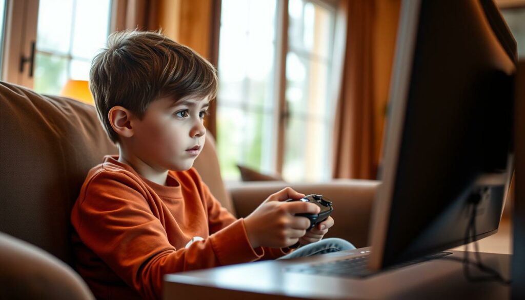 A young boy, around 12 years old, sitting comfortably on a couch, eyes fixed intently on a computer screen in front of him. His expression is one of deep concentration, his fingers deftly maneuvering a game controller. The living room around him is cozy, with warm lighting filtering in through large windows, creating a peaceful atmosphere. The background is softly blurred, allowing the viewer to focus on the child's engaged interaction with the digital world. The overall scene conveys a sense of a child's immersion in the captivating experience of gaming, with a hint of the parental concern that may accompany it.
