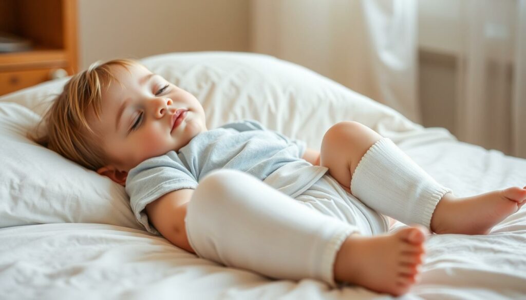 A young child lying on a bed, a warm compress wrapped around their calves. Soft lighting from a nearby window illuminates the scene, creating a comforting, soothing atmosphere. The child's expression is one of gentle relief, their eyes closed in relaxation. The compress, carefully applied, gently covers the child's lower legs, providing gentle heat and pressure to soothe any discomfort. The bedding is soft and inviting, creating a cozy, nurturing environment. The overall mood is one of care, comfort, and the gentle treatment of a child during a time of illness.