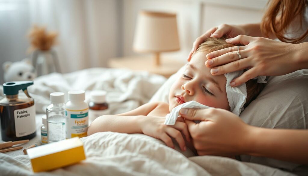 A young child resting in bed, their face flushed with a fever. Around them, a warm, comforting atmosphere with soft lighting. In the foreground, a caring parent or doctor administering a cool compress to soothe the child's temperature. In the middle ground, various medical supplies and remedies, conveying the treatment process. The background features a soothing, neutral-toned room, creating a sense of safety and care. The mood is one of concern and tenderness, as the child receives the necessary attention and care to overcome the "Dreitagefieber" illness.