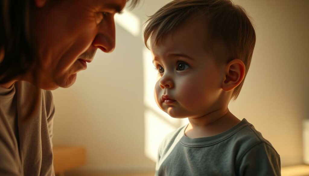 A young child, their eyes wide with curiosity, stands in a sunlit room, gazing up at a concerned-looking adult. The child's expression is one of genuine interest, their head tilted slightly to the side as they ask "Why?" The adult's face is thoughtful, their brow furrowed as they consider how best to respond. The scene is bathed in warm, natural light, casting soft shadows and highlighting the intimate connection between the two figures. The background is a simple, minimalist interior, allowing the focus to remain on the interaction between the child and the adult. The overall mood is one of gentle contemplation, capturing the essence of a child's inquisitive nature and an adult's patient response.