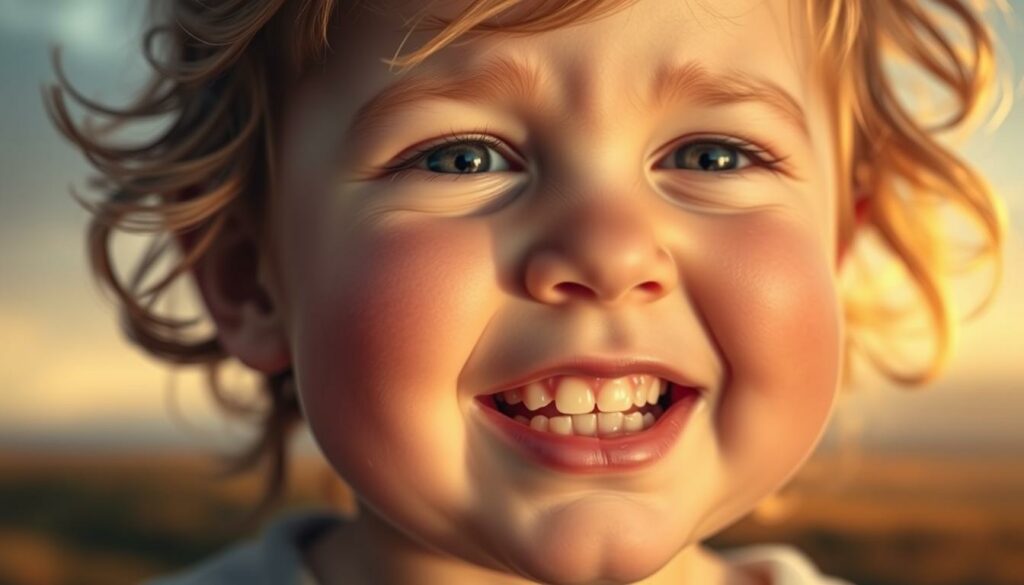 A young child's face, cheeks flushed with the telltale signs of the "Wackelzahnpubertät" - wobbly, loose teeth that are gradually being replaced by adult dentition. The lighting is soft and diffused, casting a warm, golden glow that accentuates the delicate features. The child's expression is a mix of excitement and uncertainty, reflecting the natural changes happening within their growing body. In the background, a blurred, abstract landscape suggests the broader context of childhood development, with a sense of motion and transition. The overall mood is one of gentle wonder and the natural progression of physical maturation.