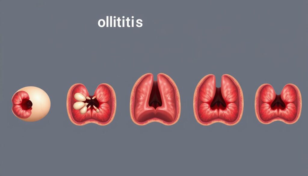 Detailed cross-section illustration of the progression of tonsillitis, depicting the swelling and inflammation of the tonsils over time. Crisp, scientific, and medically accurate rendering with a muted color palette and subtle textures. Realistic lighting, rendering the internal structures and tissues with clarity. Showcase the key stages of the condition, from the initial inflammation to the resolution of symptoms. Convey a sense of clinical objectivity and educational purpose, suitable for inclusion in a medical reference article.