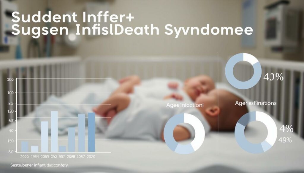 Detailed statistical infographic depicting sudden infant death syndrome trends. Crisp, clean layout with clear data visualizations in the foreground - bar charts, line graphs, and pie charts showing age-specific incidence rates. Minimal, muted color palette with neutral tones. Blurred, out-of-focus background of sleeping newborns in a hospital nursery, conveying the somber, sensitive nature of the topic. Carefully lit to highlight the data elements, with soft, diffused lighting from above. Sophisticated, technical look with precise, technical-style illustrations to communicate the scientific subject matter effectively.