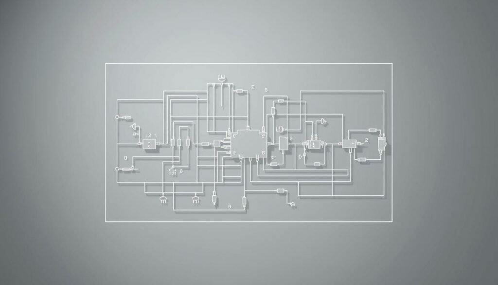 Sternschaltung und Dreieckschaltung: a complex electrical diagram showcasing the intricate wiring and connections of a three-phase power system. Set against a minimalist gray background, the diagram is rendered in crisp, technical lines and precise angles, capturing the essence of electrical engineering. Subtle ambient lighting casts soft shadows, adding depth and dimensionality to the schematic. The design is meticulously detailed, with each symbol and connector meticulously placed to illustrate the flow of electrical current through the system. The overall mood is one of efficiency, precision, and technical mastery, perfectly suited to the subject matter of "Schaltungsarten im Drehstromsystem".