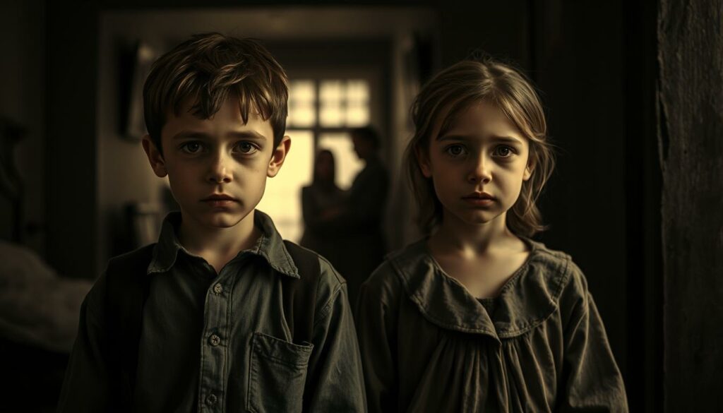 A somber, sepia-toned portrait of children from the Rhineland region, their faces etched with the weight of history. In the foreground, a young boy and girl stand side by side, their clothes threadbare and expressions solemn. The middle ground reveals a dimly lit interior, hinting at the hardships they've endured. In the background, faint silhouettes of adults loom, suggesting the complex familial dynamics that shaped their lives. The lighting is soft and diffused, casting a melancholic aura over the scene. The image evokes a sense of resilience and the enduring strength of the human spirit, even in the face of adversity.