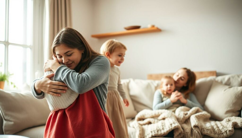 A warm, comforting family scene in a cozy living room. In the foreground, a mother hugs her young child, their expressions conveying a tender, supportive bond. Beside them, a father sits with an older sibling, their hands clasped in a gesture of reassurance. Soft, natural lighting filters through large windows, casting a gentle glow on the scene. The background features tasteful, neutral-toned furnishings, creating a sense of sanctuary and safety. Subtle textures, such as knitted blankets and wooden accents, add depth and a homely ambiance. The overall atmosphere is one of understanding, empathy, and unwavering familial support.